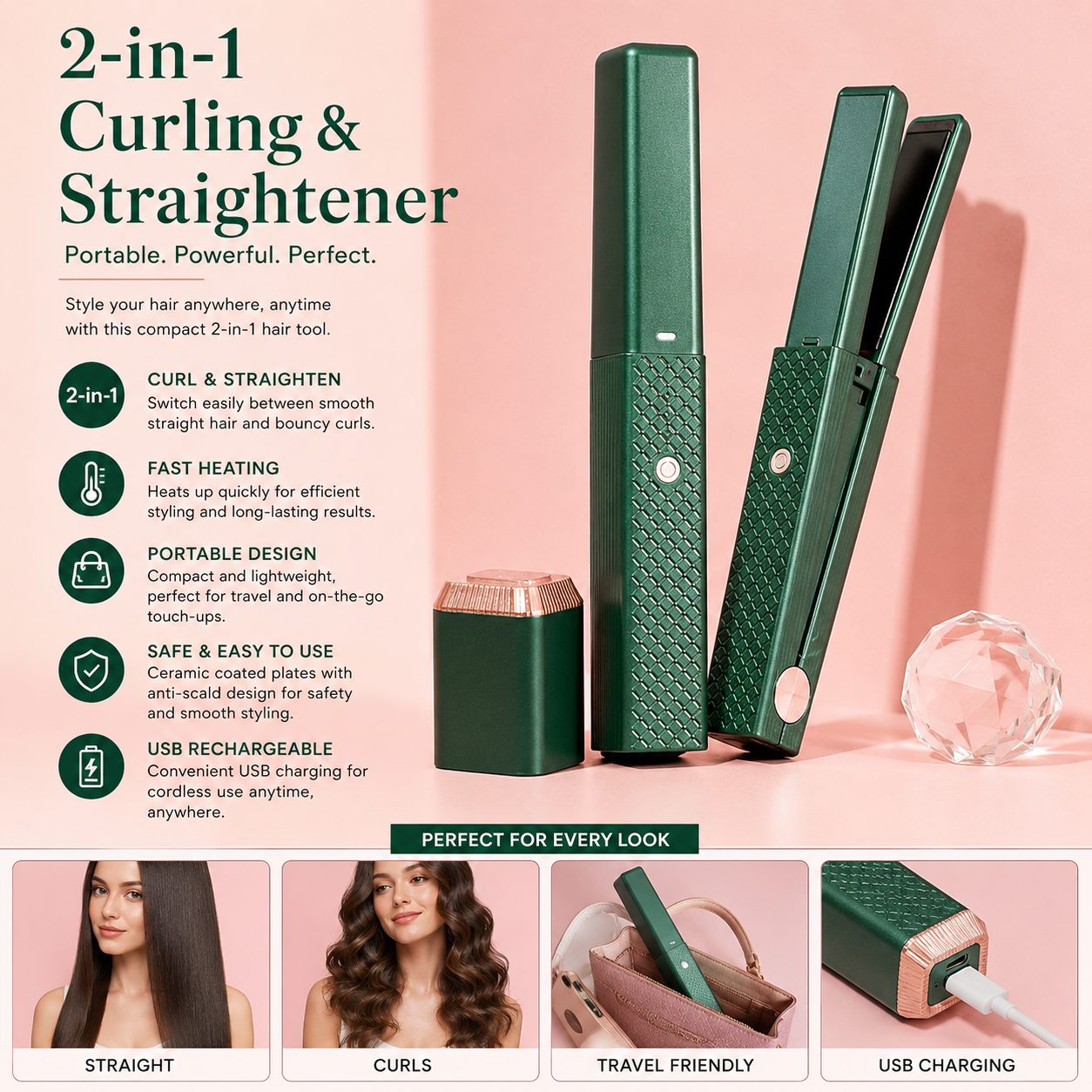 Portable 2-in-1 Hair Straightener & Curler